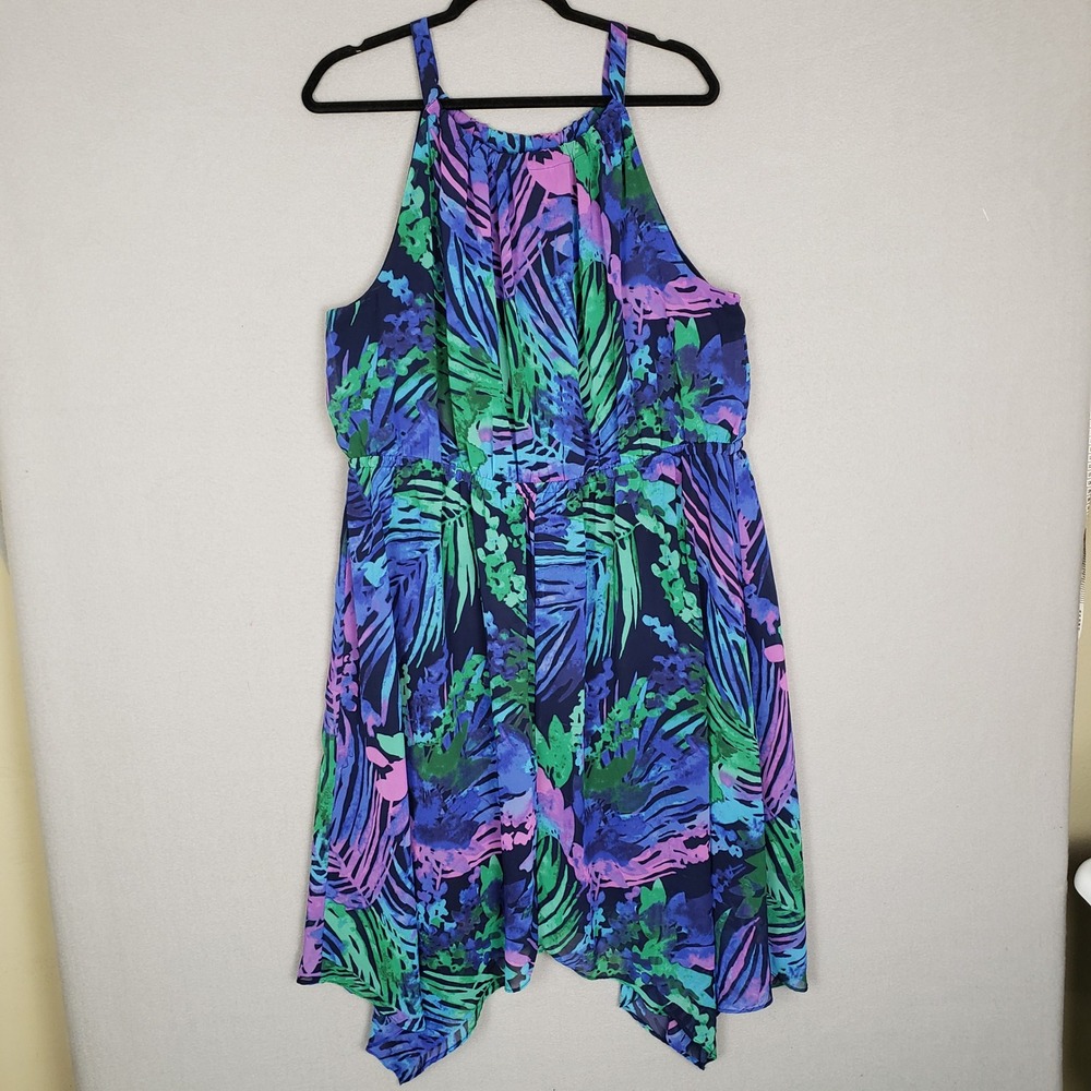 Lane Bryant Asymmetrical Sundress Blue Green Tropical Palm Vacation Beach 18/20